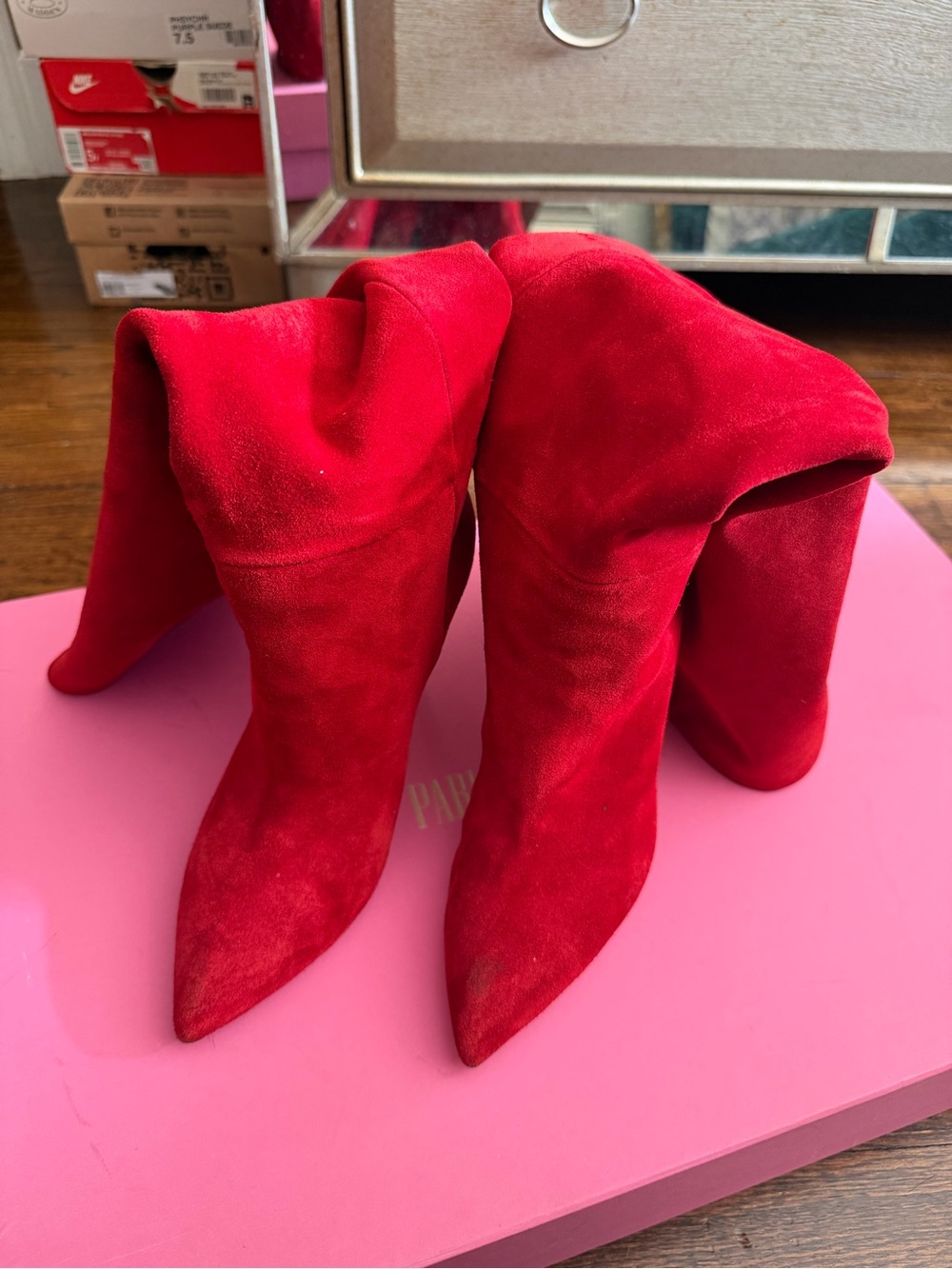 Paris Texas Suede Knee Length Boots - Red